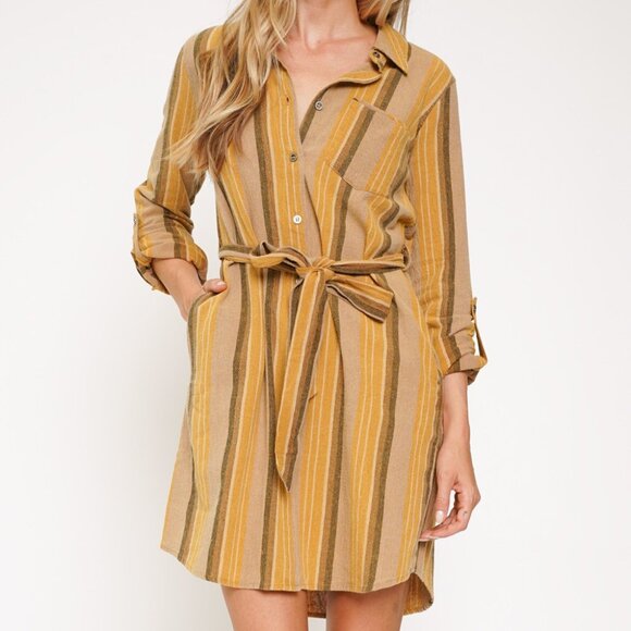 MYSTREE Striped Button Down Shirt Dress Tunic Mustard Tan Neutral Belted Shacket - Picture 1 of 8